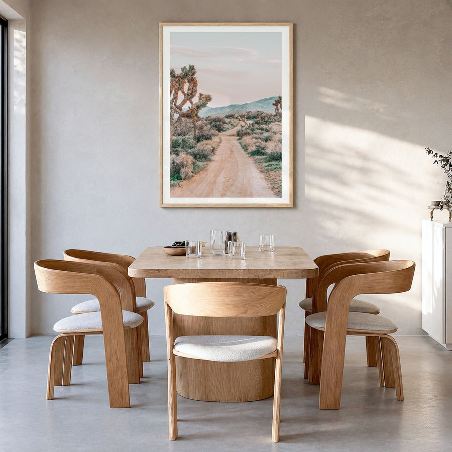 Joshua Tree National Park Photo No 3 Poster in a natural wood frame, hanging in a dining room, white border