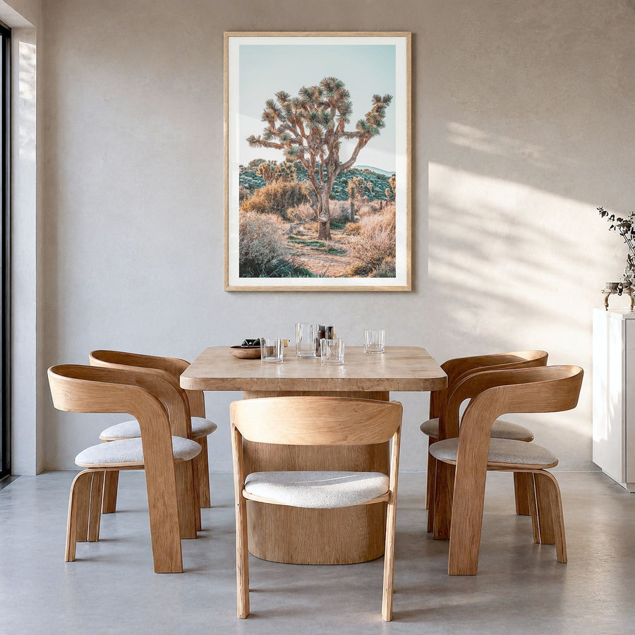 Joshua Tree National Park Photo No 4 Poster in a natural wood frame, hanging in a dining room, white border