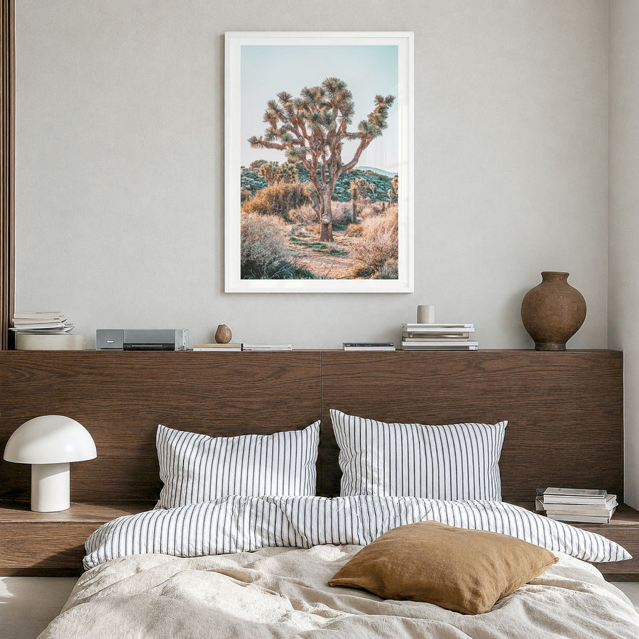 Joshua Tree National Park Photo No 4 Poster in a white wood frame, hanging in a bedroom, white border