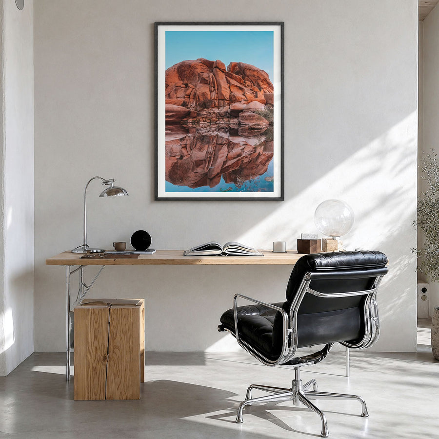 Joshua Tree National Park Photo No 5 Poster in a black wood frame, hanging in a bright home office, white border