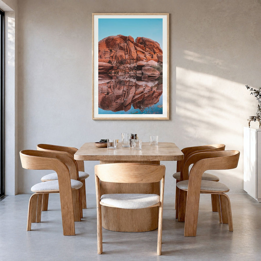 Joshua Tree National Park Photo No 5 Poster in a natural wood frame, hanging in a dining room, white border