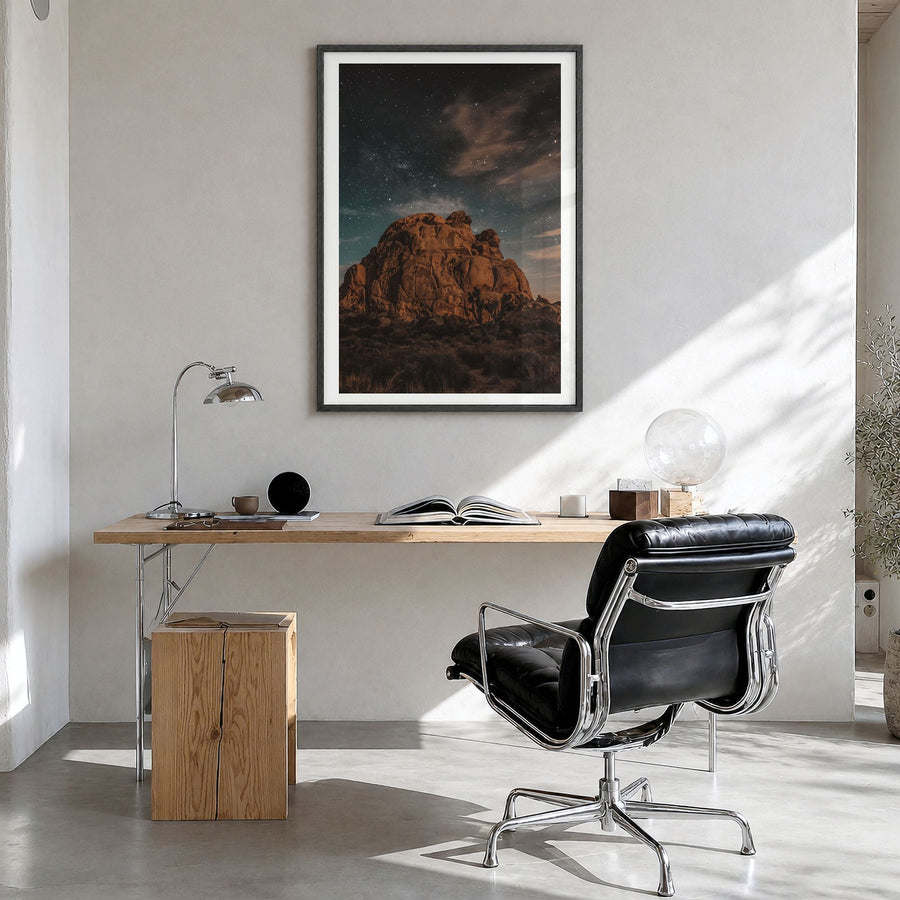 Joshua Tree National Park Photo No 6 Poster in a black wood frame, hanging in a bright home office, white border