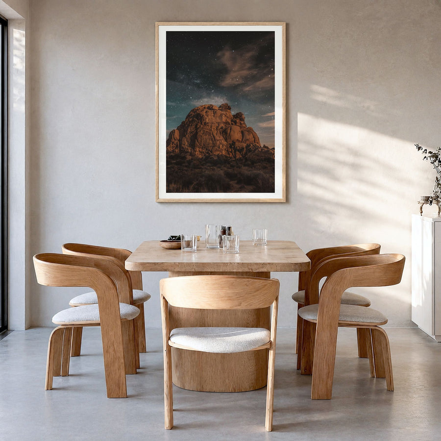 Joshua Tree National Park Photo No 6 Poster in a natural wood frame, hanging in a dining room, white border