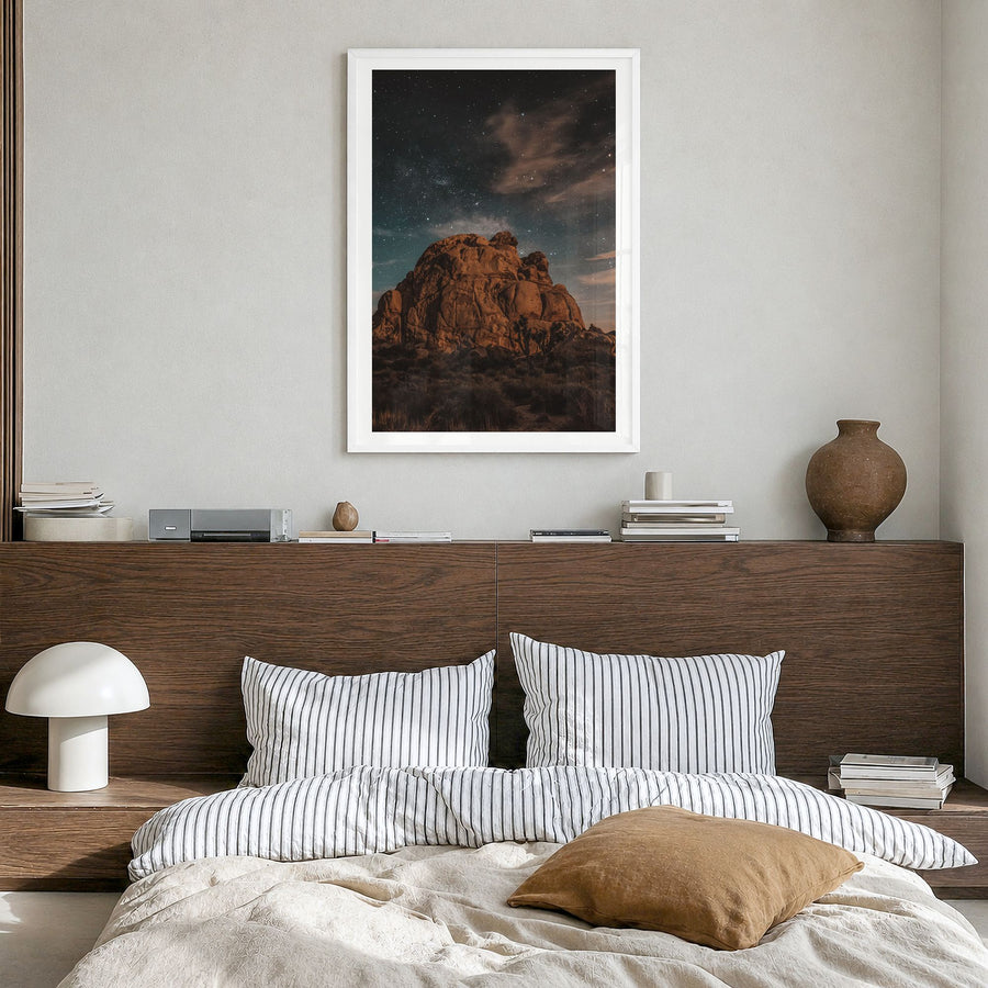 Joshua Tree National Park Photo No 6 Poster in a white wood frame, hanging in a bedroom, white border