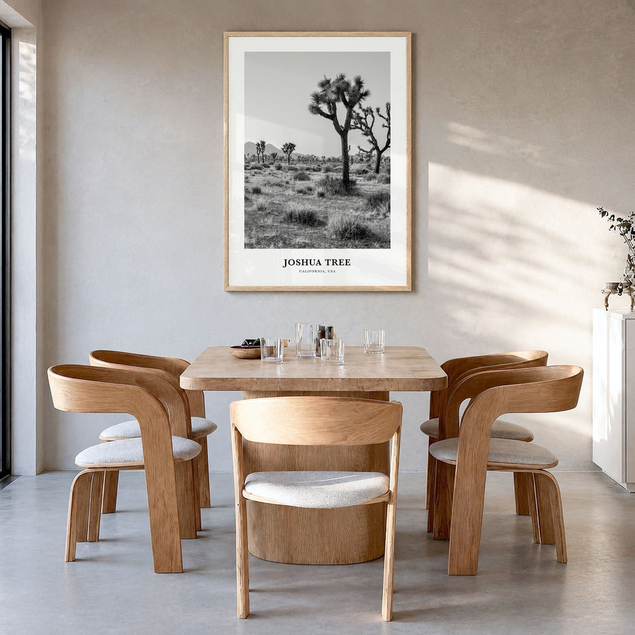 Joshua Tree National Park Classic No 1 Poster in a natural wood frame, hanging in a dining room
