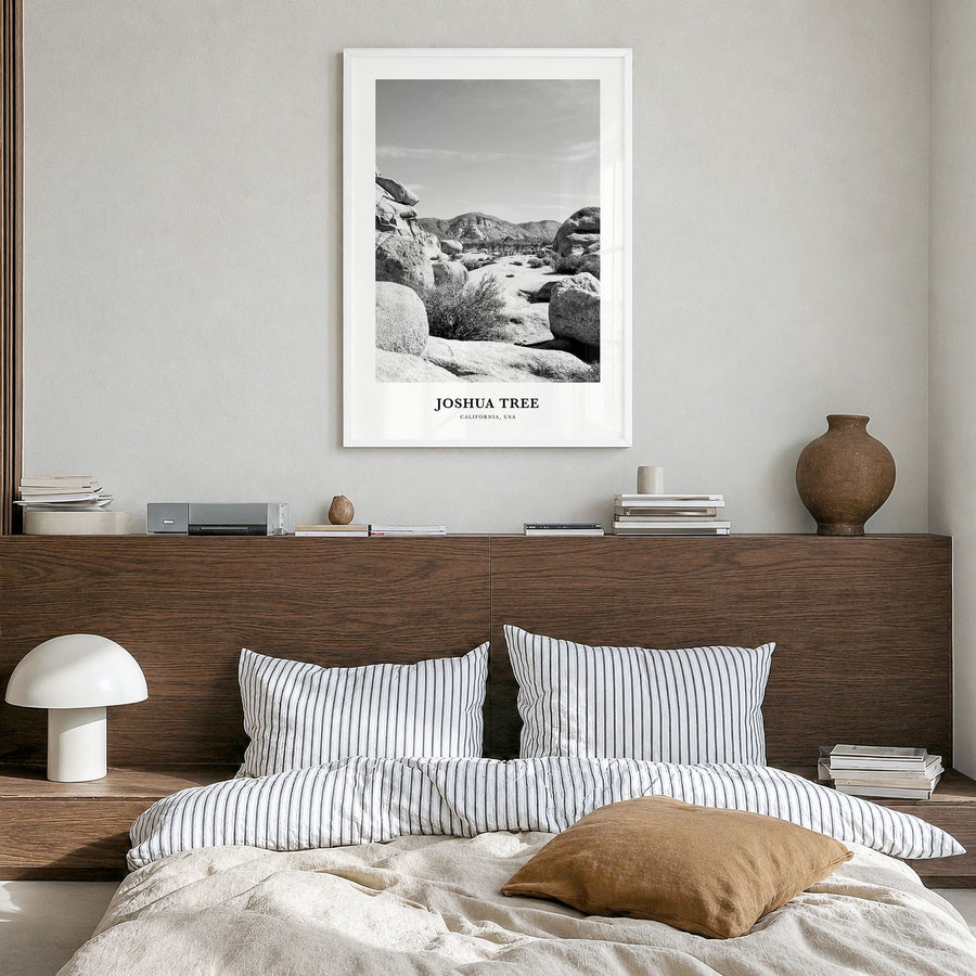 Joshua Tree National Park Classic No 2 Poster in a white wood frame, hanging in a bedroom