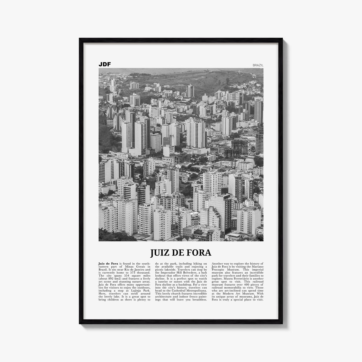 Juiz de Fora black & white newspaper poster of Brazil – vertical wall art, unframed print shown in interior mockup
