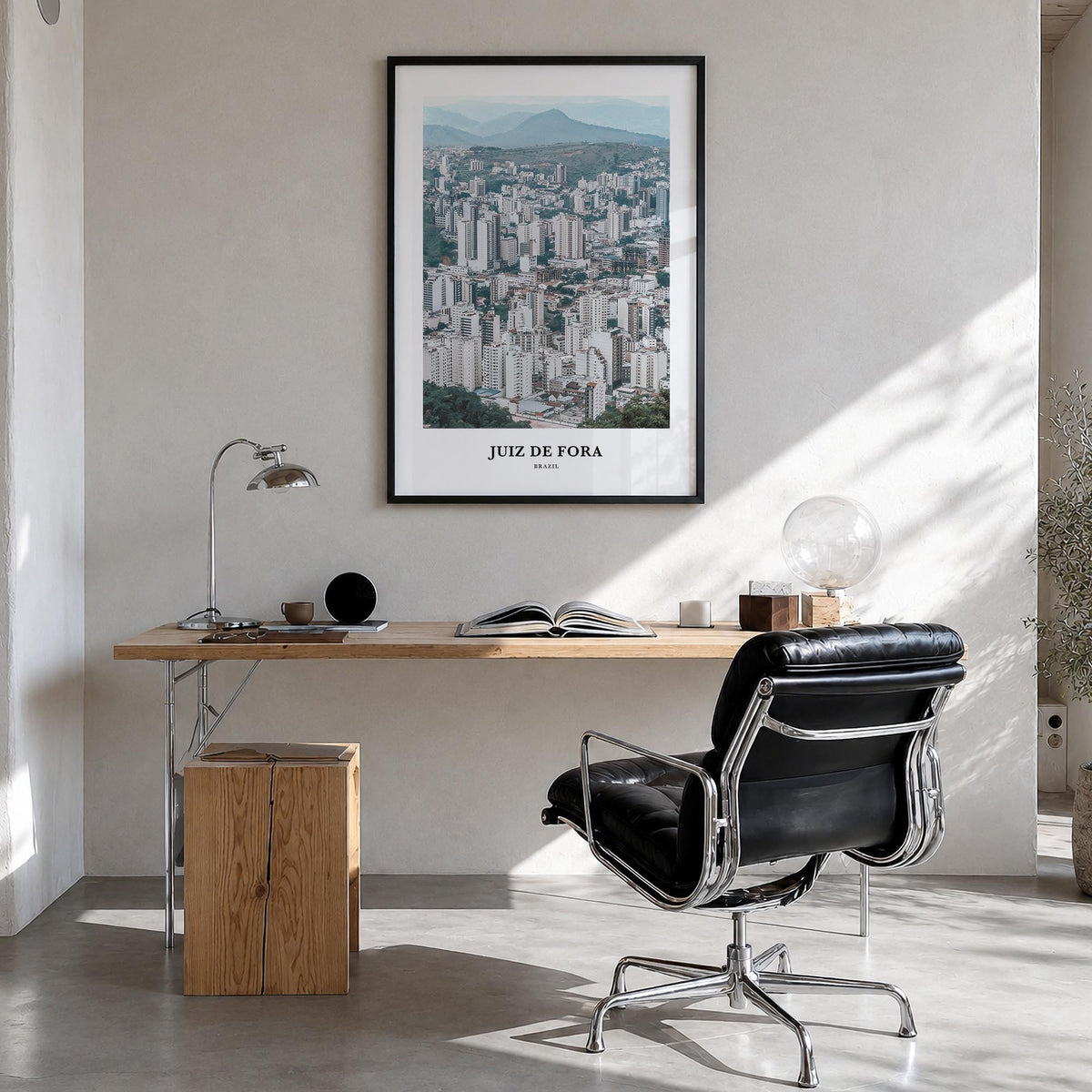 Juiz de Fora colorful classic poster of Brazil – vertical wall art in black wood frame, hanging on wall