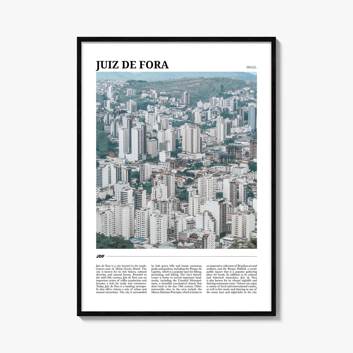 Juiz de Fora colorful travel poster of Brazil – vertical wall art, unframed print shown in interior mockup