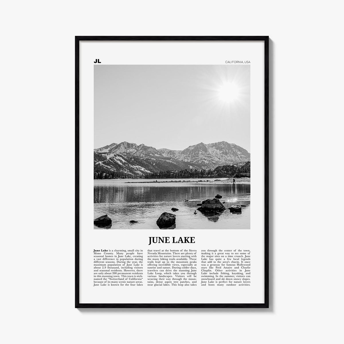 June Lake black & white newspaper poster of California, USA – vertical wall art, unframed print shown in interior mockup