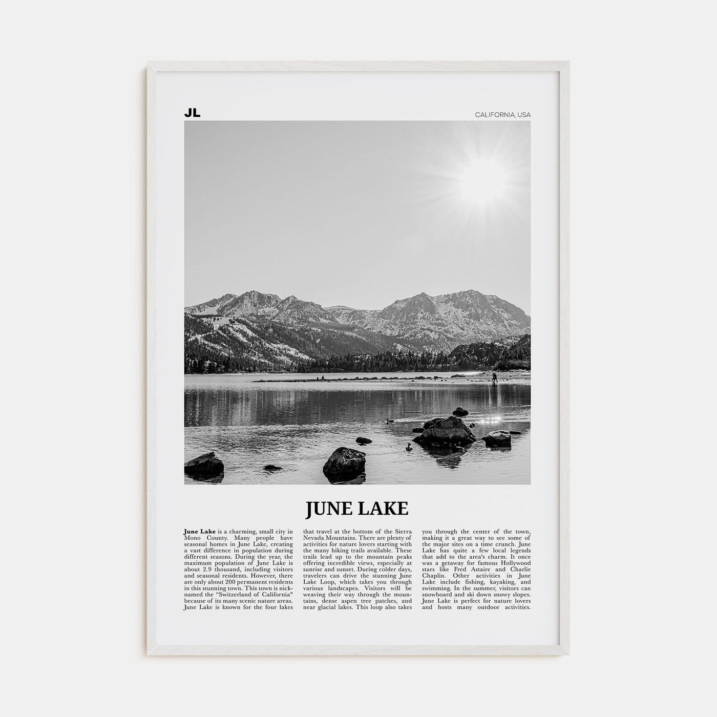 June Lake Poster White Wood / 8x12 in Nbourhood Travel B&W Poster