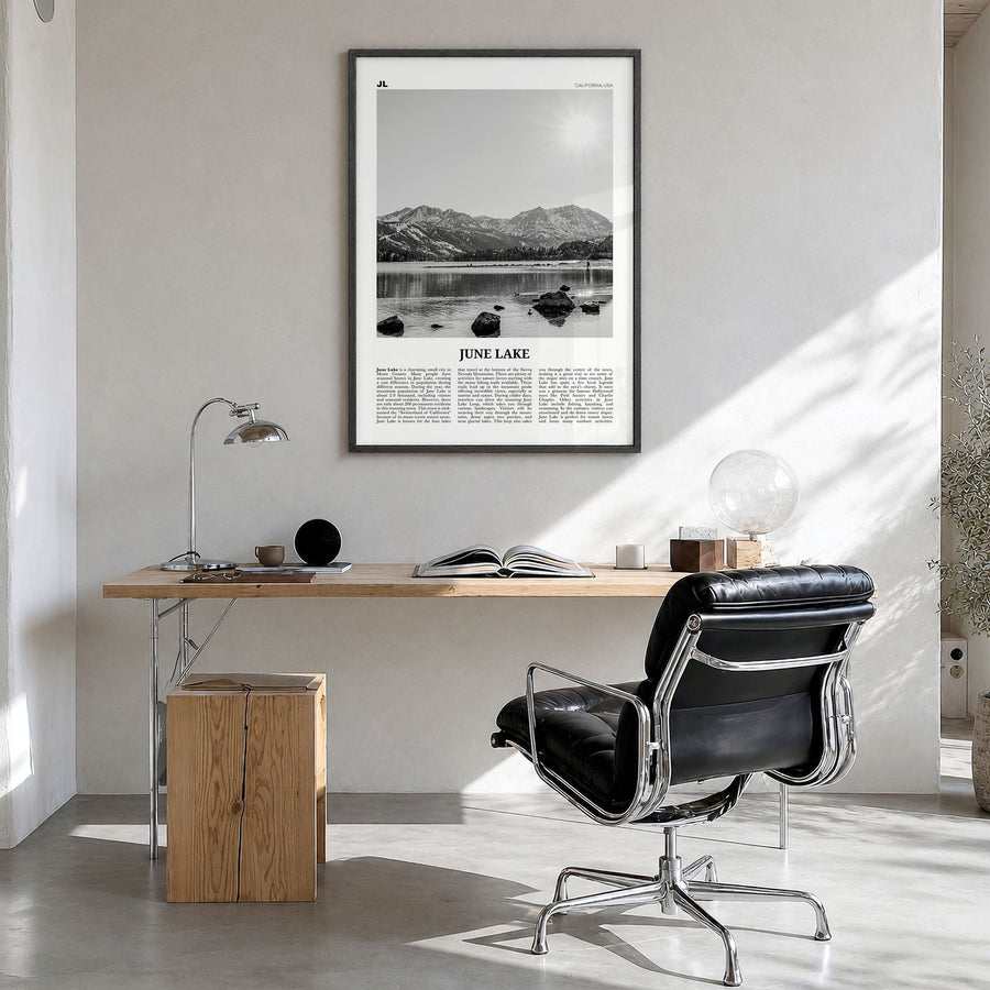 June Lake Newspaper Poster in a black wood frame, hanging in a bright home office