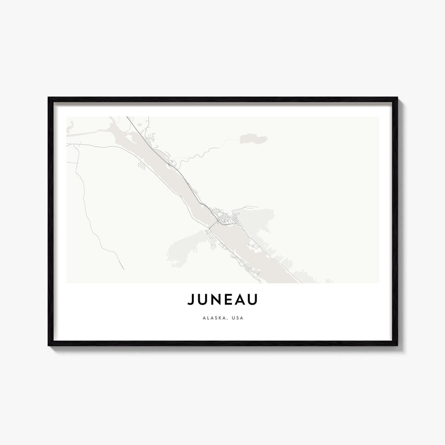Juneau black & white map poster of Alaska, USA – horizontal wall art, unframed print shown in interior mockup