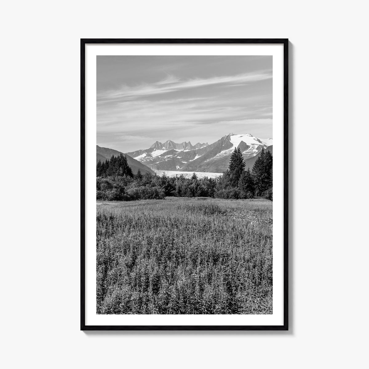 Juneau black & white photo poster of Alaska, USA – vertical wall art, unframed print shown in interior mockup