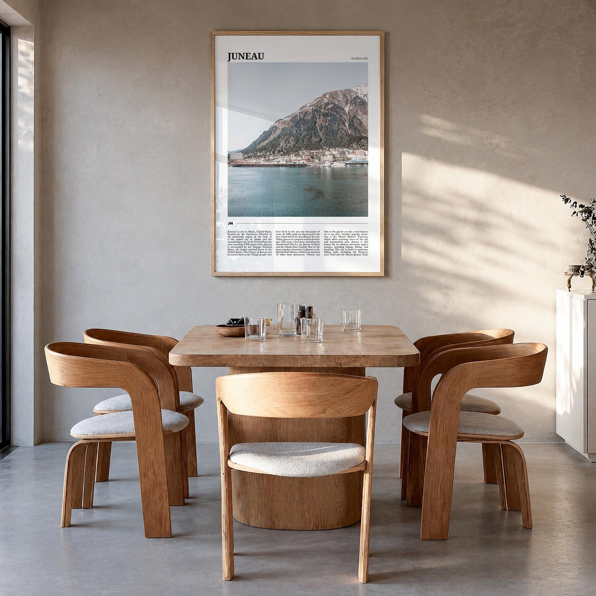 Juneau colorful travel poster of Alaska, USA – vertical wall art in natural wood frame, hanging on wall