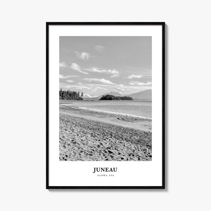 Juneau no. 1 black & white classic poster of Alaska, USA – vertical wall art, unframed print shown in interior mockup