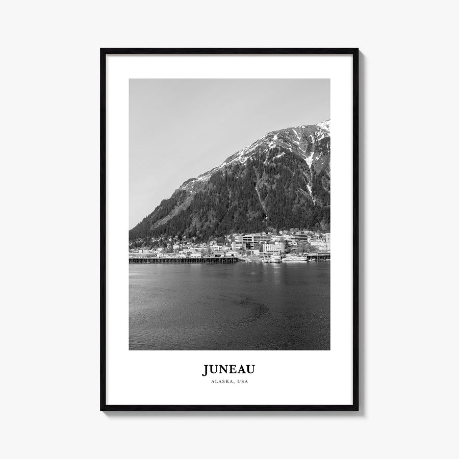 Juneau no. 2 black & white classic poster of Alaska, USA – vertical wall art, unframed print shown in interior mockup