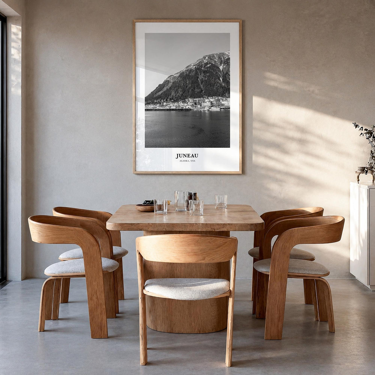 Juneau no. 2 black & white classic poster of Alaska, USA – vertical wall art in natural wood frame, hanging on wall