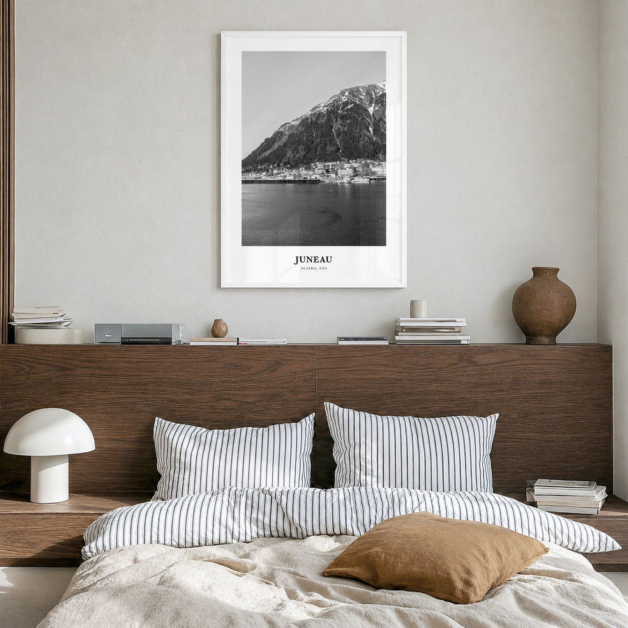 Juneau Classic No 2 Poster in a white wood frame, hanging in a bedroom