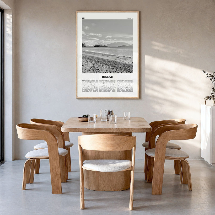 Juneau Newspaper No 2 Poster in a natural wood frame, hanging in a dining room