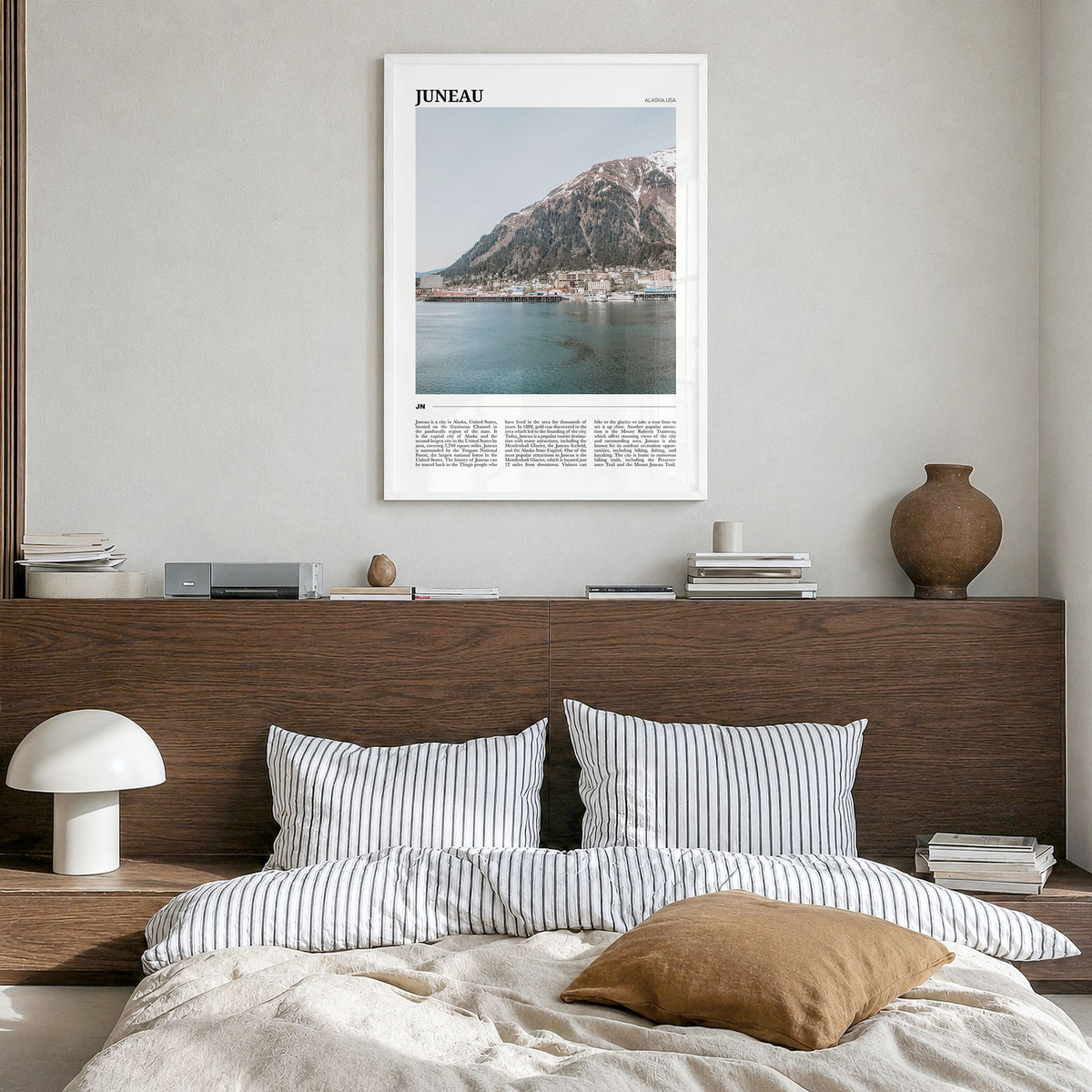 Juneau Travel Poster in a white wood frame, hanging in a bedroom