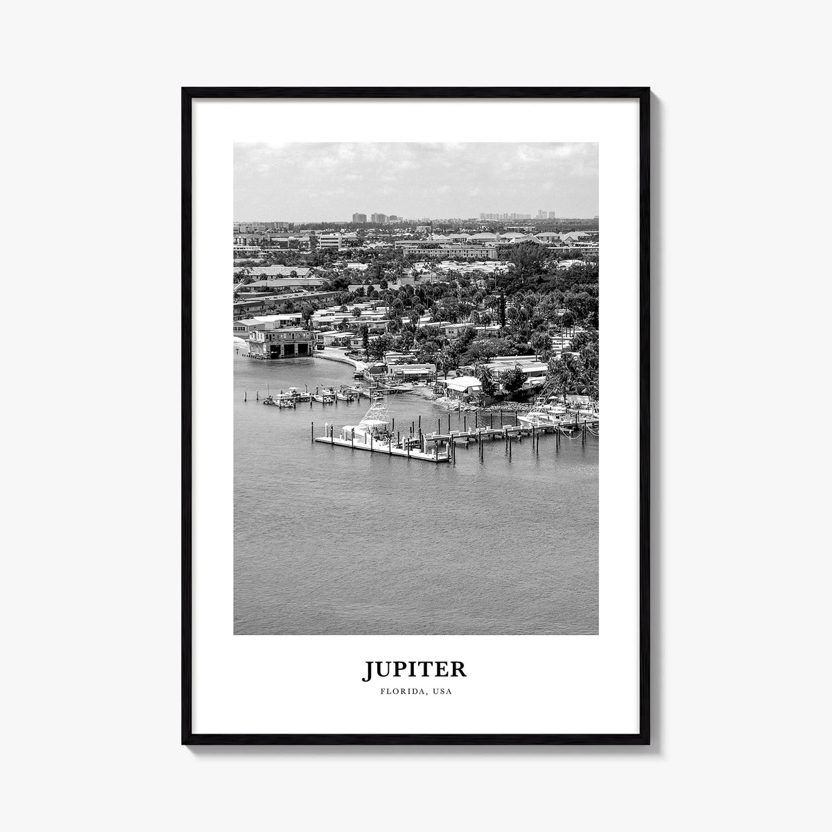 Jupiter black & white classic poster of Florida, USA – vertical wall art, unframed print shown in interior mockup