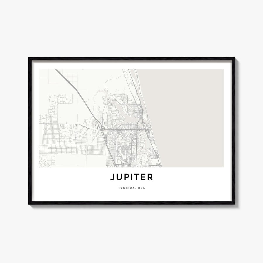 Jupiter black & white map poster of Florida, USA – horizontal wall art, unframed print shown in interior mockup