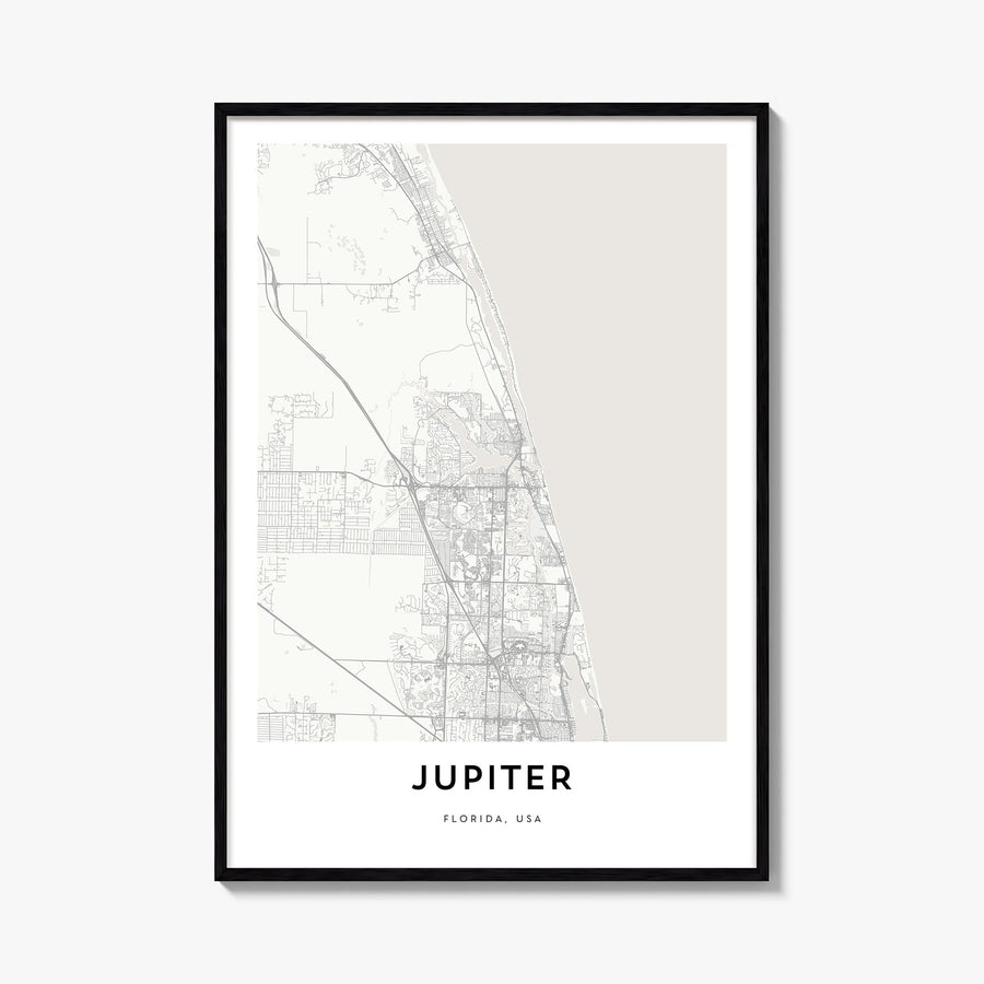 Jupiter black & white map poster of Florida, USA – vertical wall art, unframed print shown in interior mockup