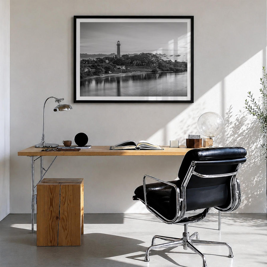 Jupiter black & white photo poster of Florida, USA – horizontal wall art in black wood frame with white border, hanging on wa