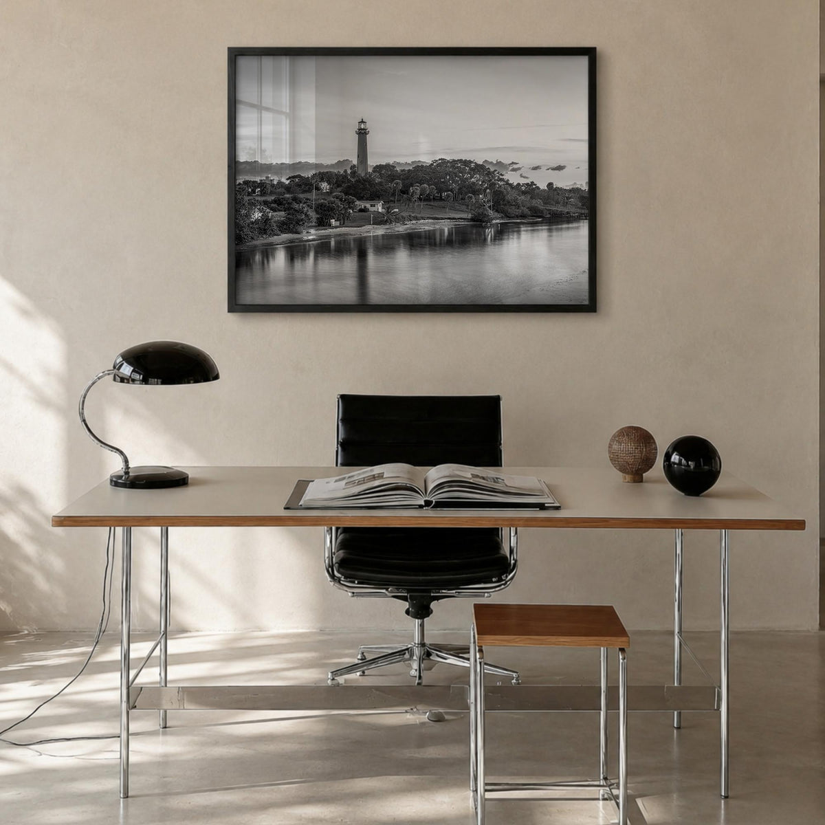 Jupiter black & white photo poster of Florida, USA – horizontal wall art in black wood frame, hanging on wall