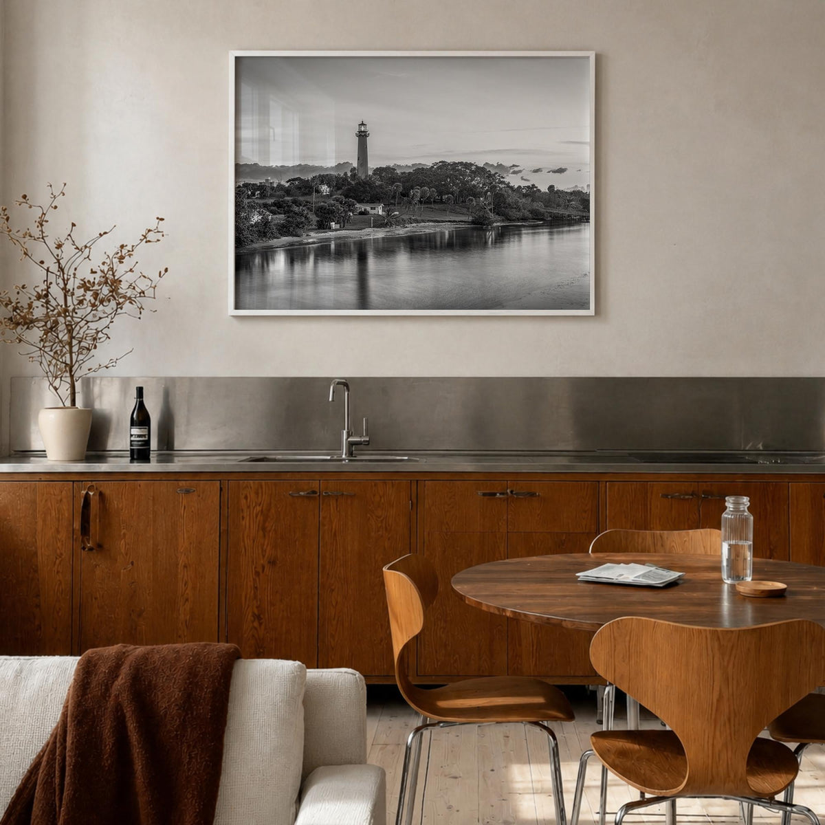 Jupiter black & white photo poster of Florida, USA – horizontal wall art in white wood frame, hanging on wall