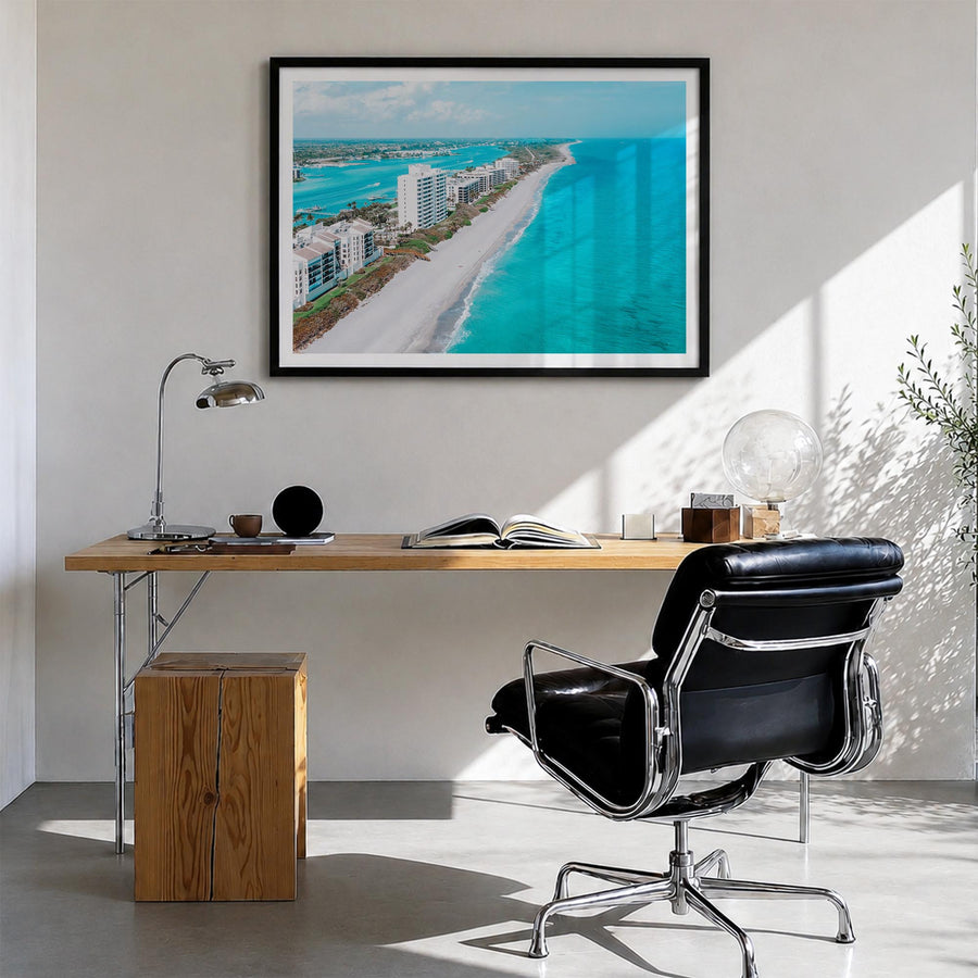 Jupiter colorful photo poster of Florida, USA – horizontal wall art in black wood frame with white border, hanging on wall