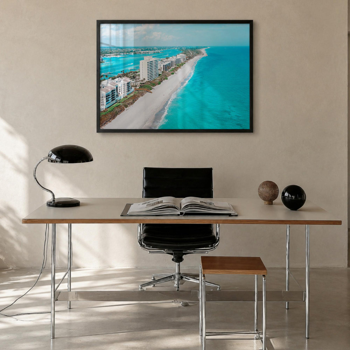 Jupiter colorful photo poster of Florida, USA – horizontal wall art in black wood frame, hanging on wall