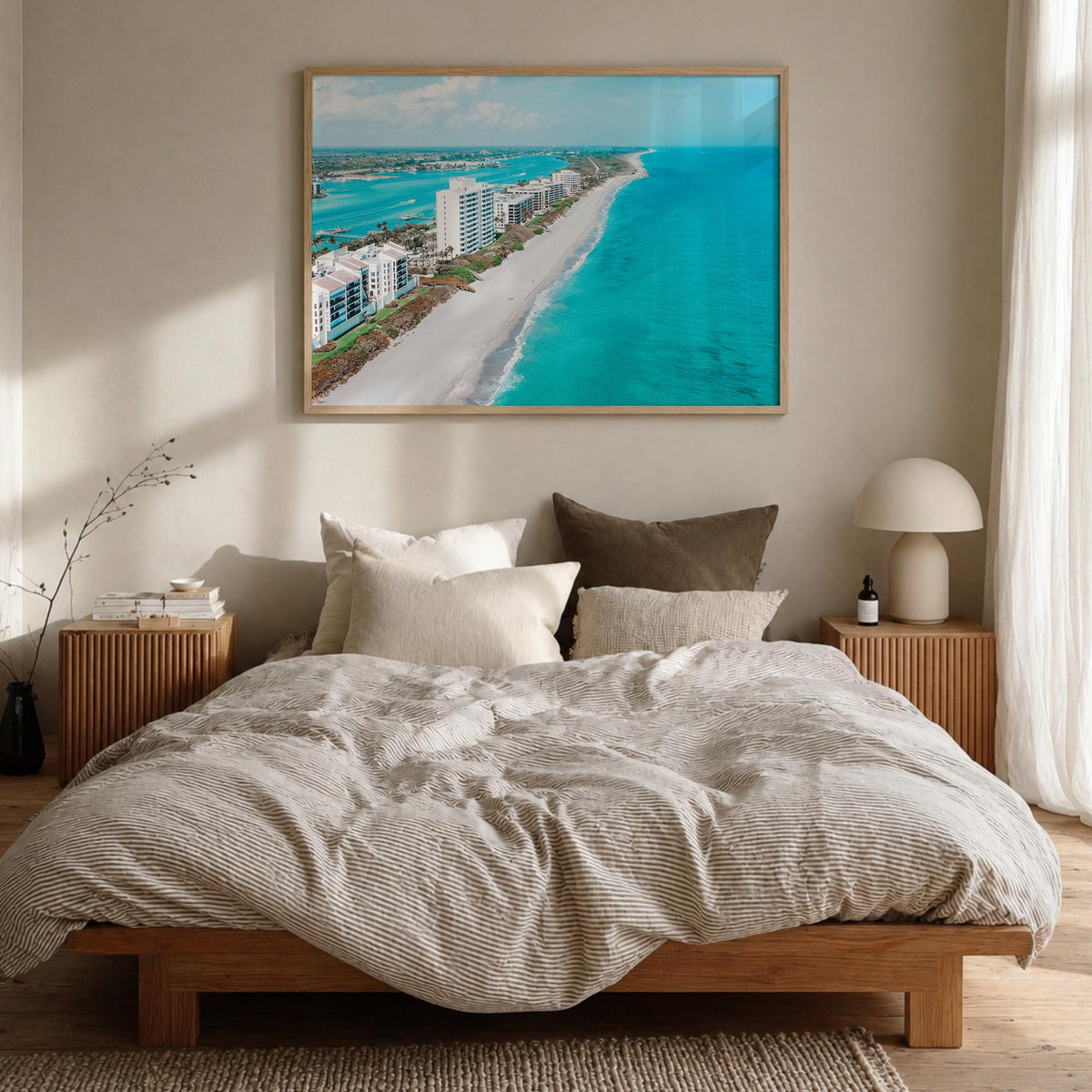 Jupiter colorful photo poster of Florida, USA – horizontal wall art in natural wood frame, hanging on wall