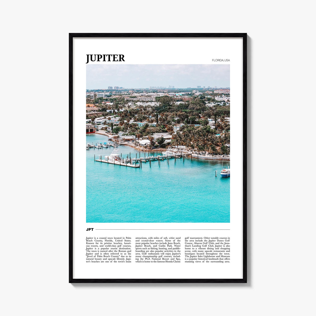 Jupiter colorful travel poster of Florida, USA – vertical wall art, unframed print shown in interior mockup