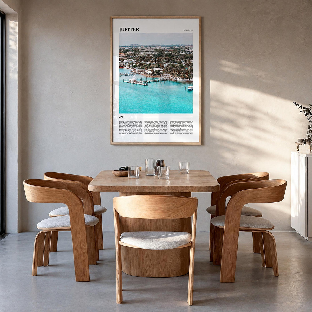 Jupiter colorful travel poster of Florida, USA – vertical wall art in natural wood frame, hanging on wall