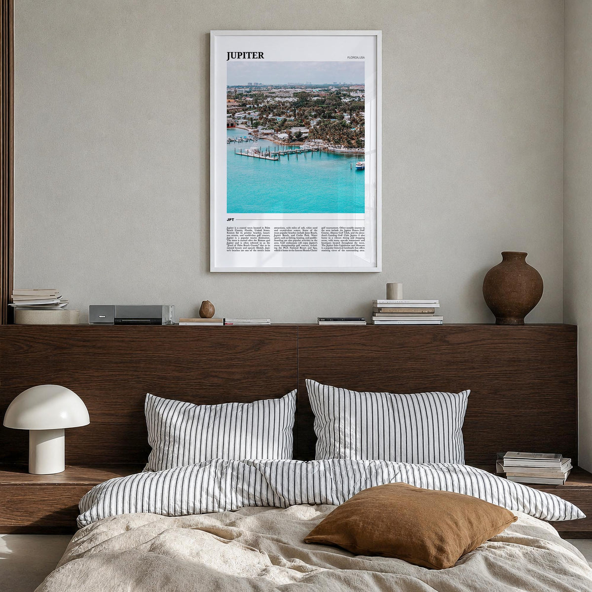 Jupiter colorful travel poster of Florida, USA – vertical wall art in white wood frame, hanging on wall