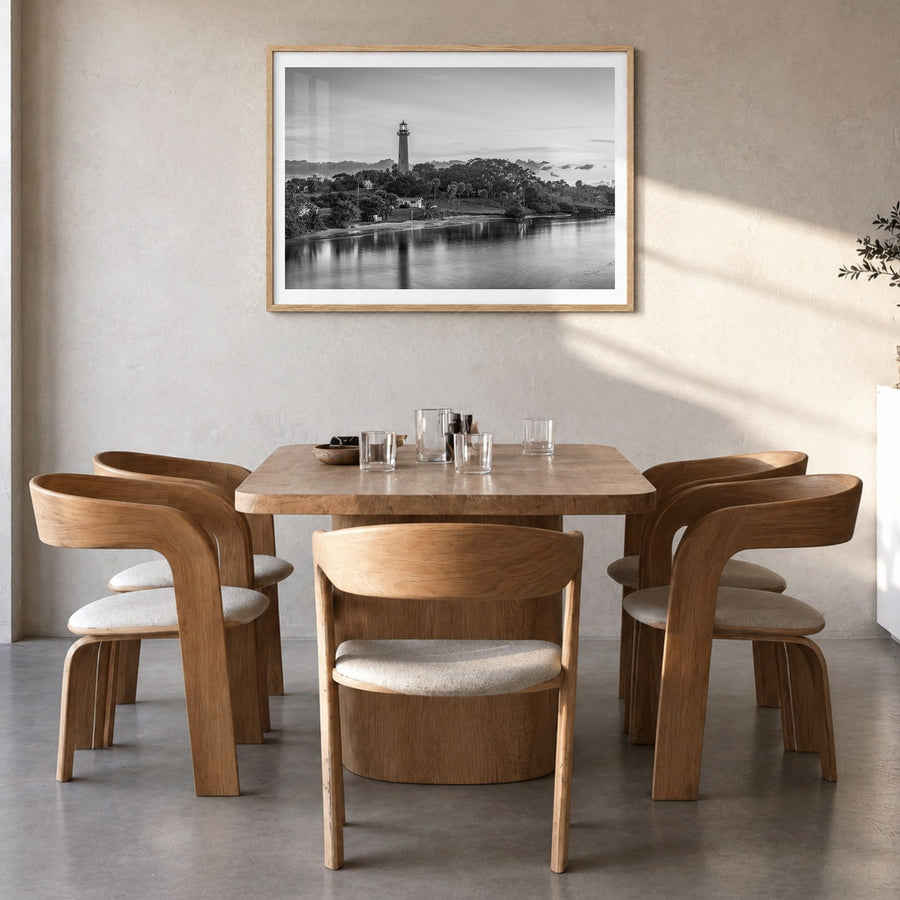Jupiter Photo Poster in a natural wood frame, hanging in a dining room, white border