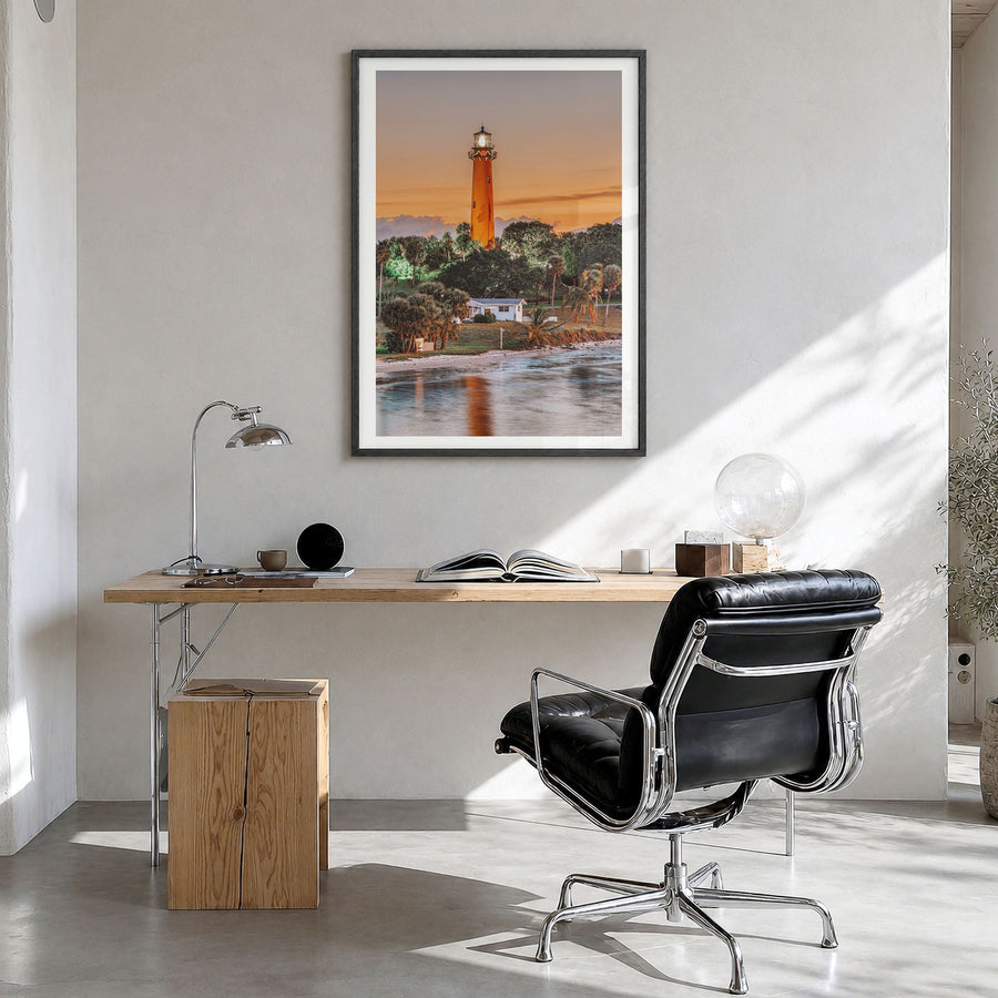 Jupiter Photo No 1 Poster in a black wood frame, hanging in a bright home office, white border