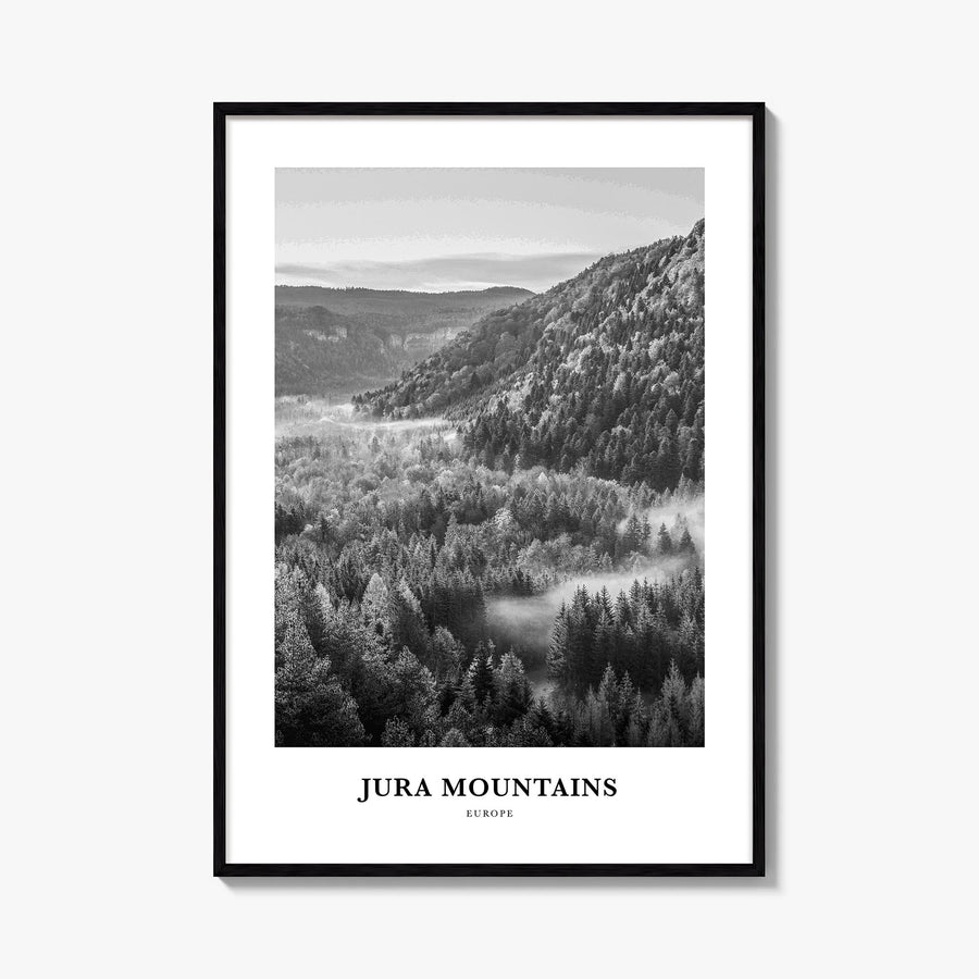 Jura Mountains black & white classic poster of Europe – vertical wall art, unframed print shown in interior mockup