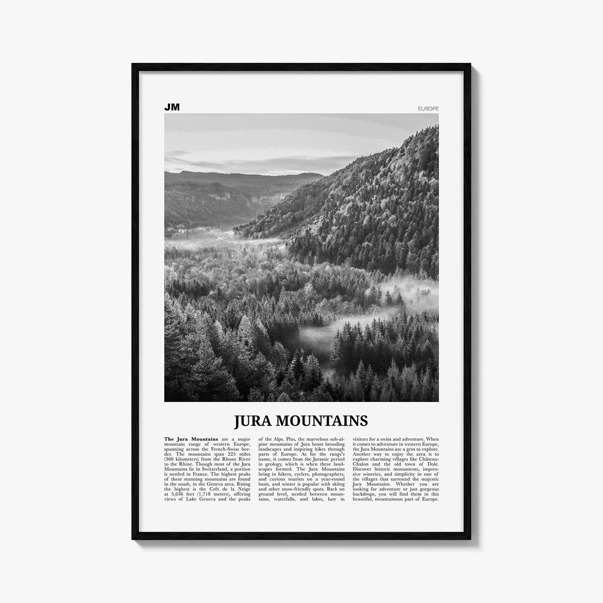 Jura Mountains black & white newspaper poster of Europe – vertical wall art, unframed print shown in interior mockup