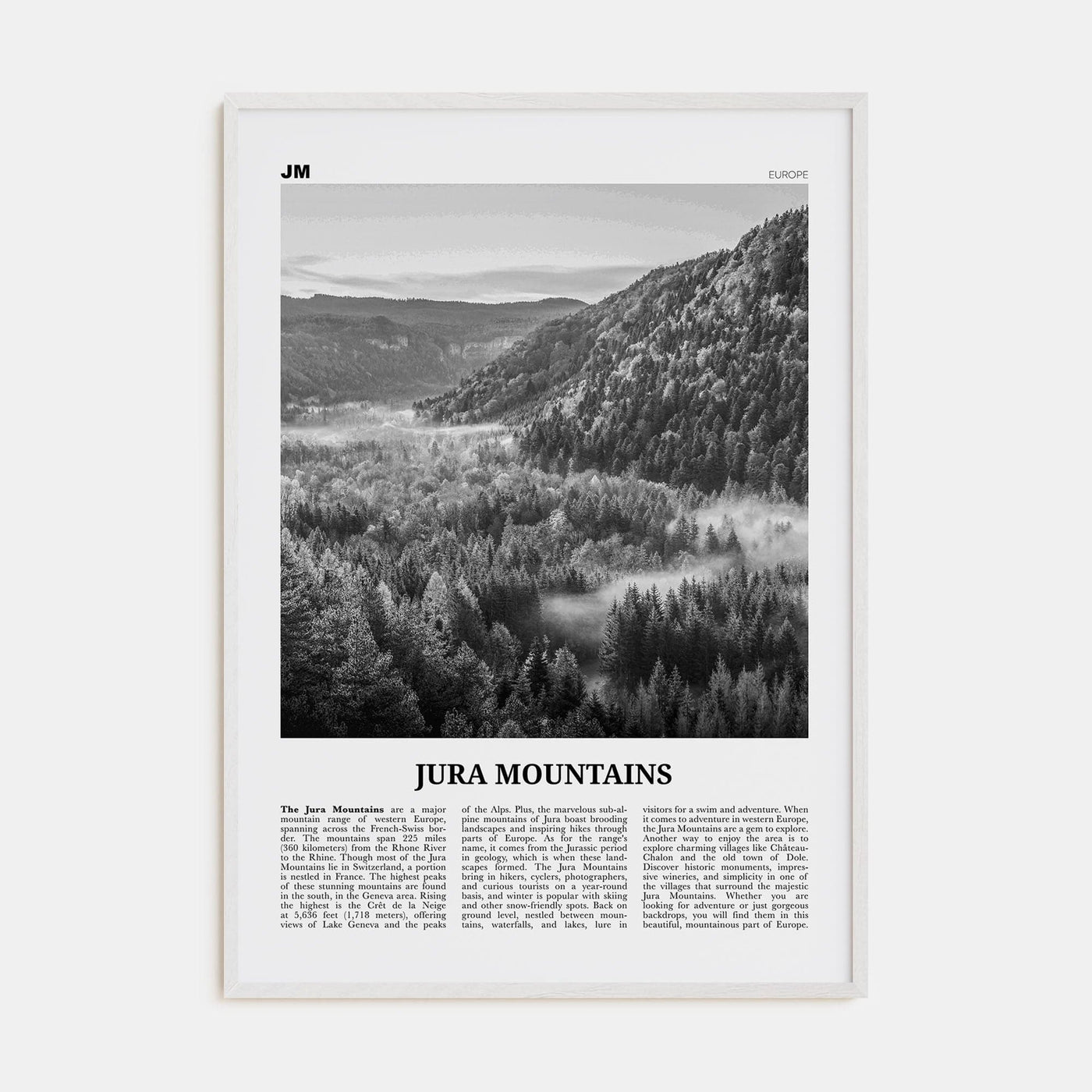 Jura Mountains Poster White Wood / 8x12 in Nbourhood Travel B&W Poster