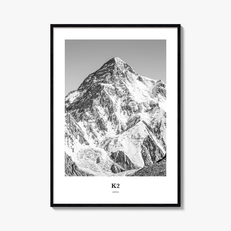 K2 black & white classic poster of Pakistan & China – vertical wall art, unframed print shown in interior mockup