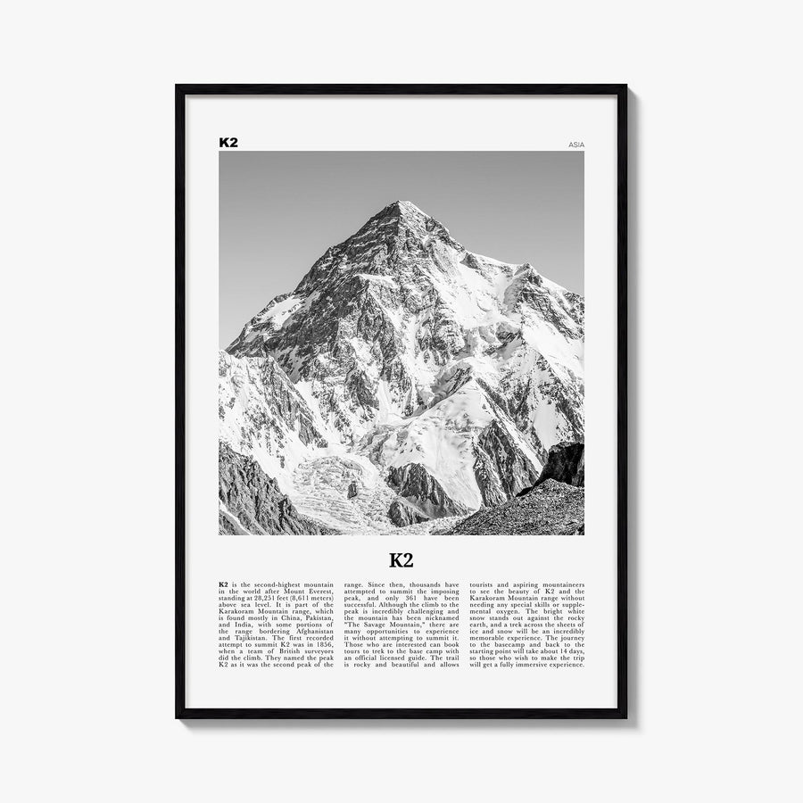 K2 black & white newspaper poster of Pakistan & China – vertical wall art, unframed print shown in interior mockup