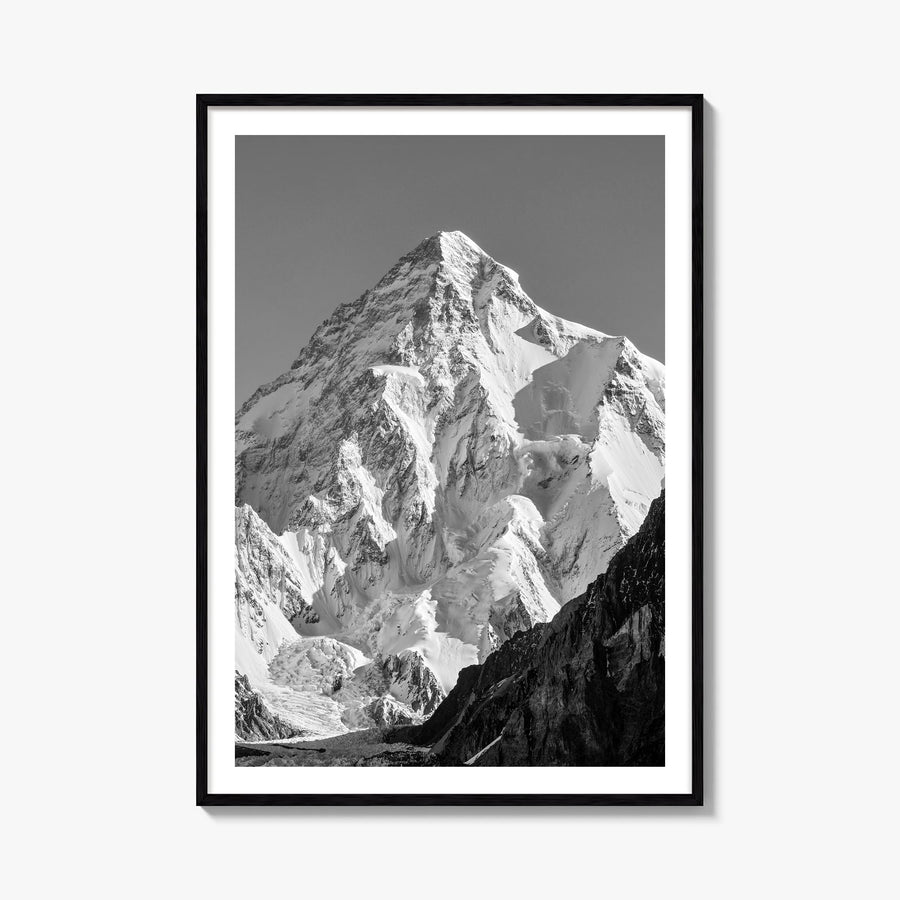 K2 black & white photo poster of Pakistan & China – vertical wall art, unframed print shown in interior mockup