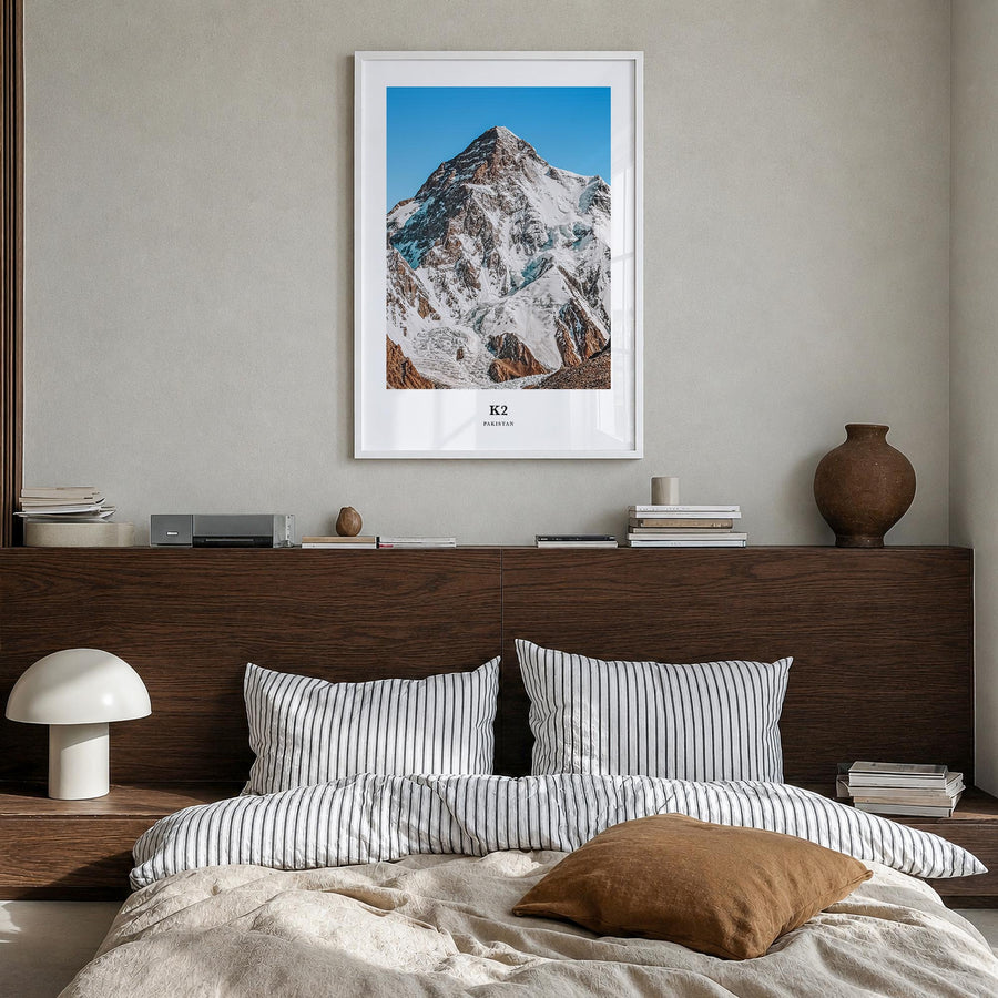 K2 colorful classic poster of Pakistan – vertical wall art in white wood frame, hanging on wall