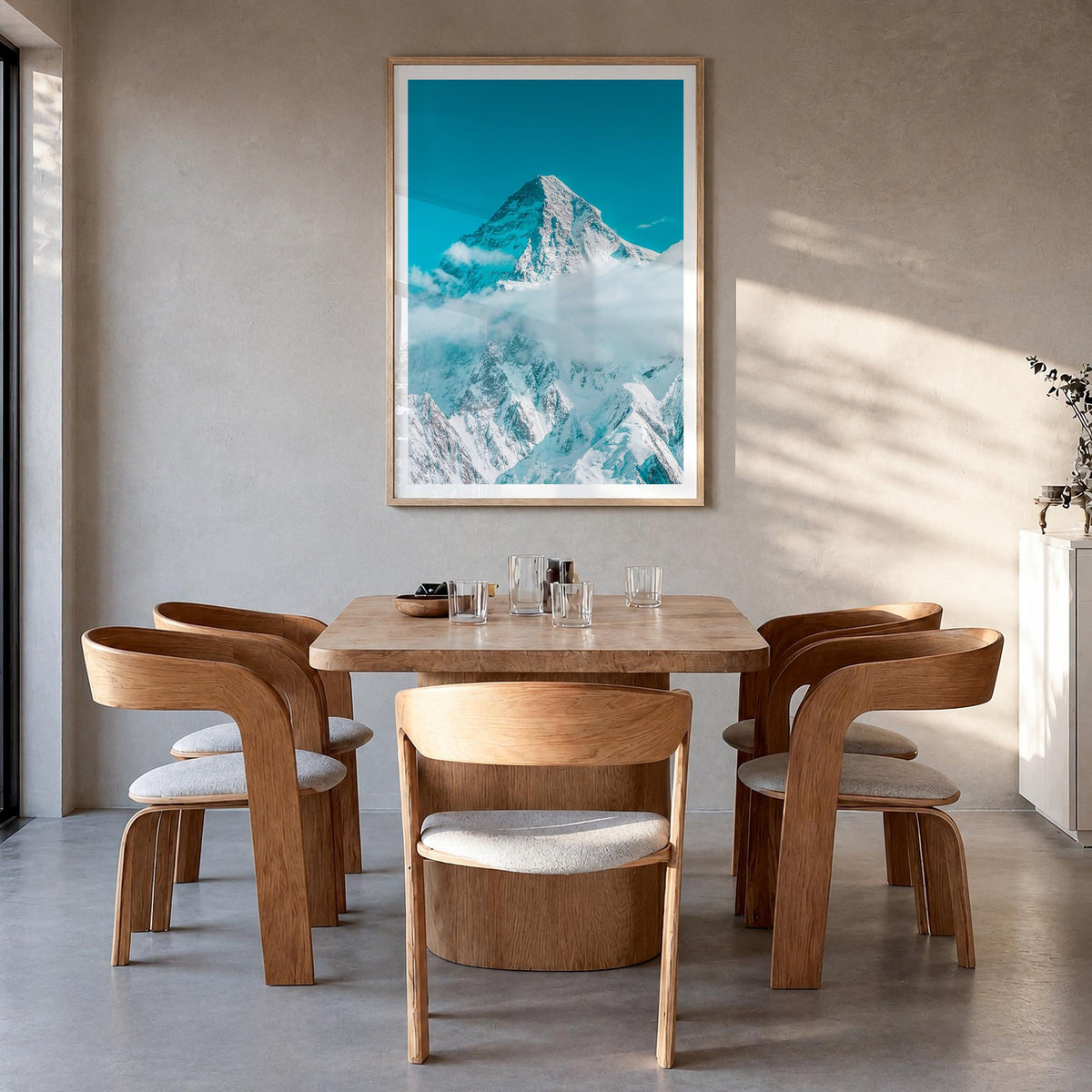 K2 colorful photo poster of Pakistan & China – vertical wall art in natural wood frame with white border, hanging on wall