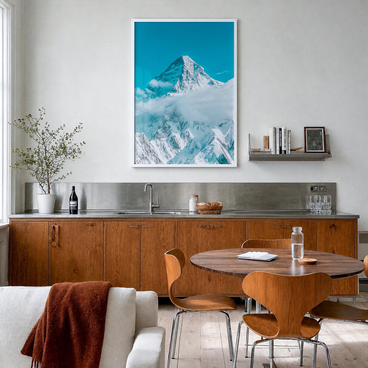 K2 colorful photo poster of Pakistan & China – vertical wall art in white wood frame, hanging on wall
