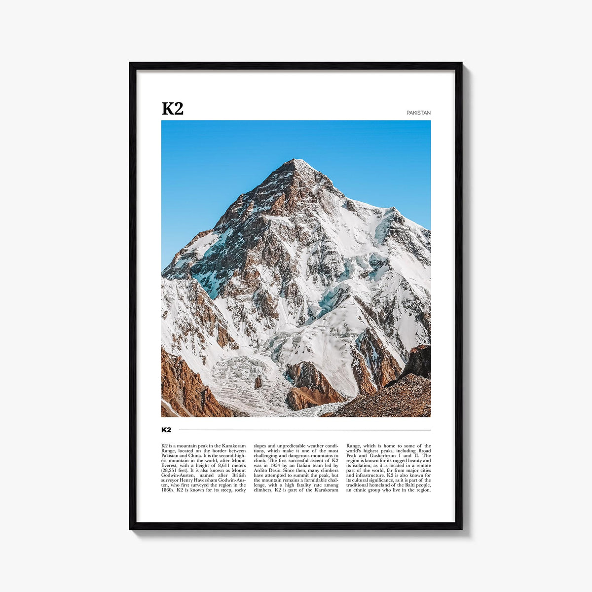 K2 colorful travel poster of Pakistan & China – vertical wall art, unframed print shown in interior mockup