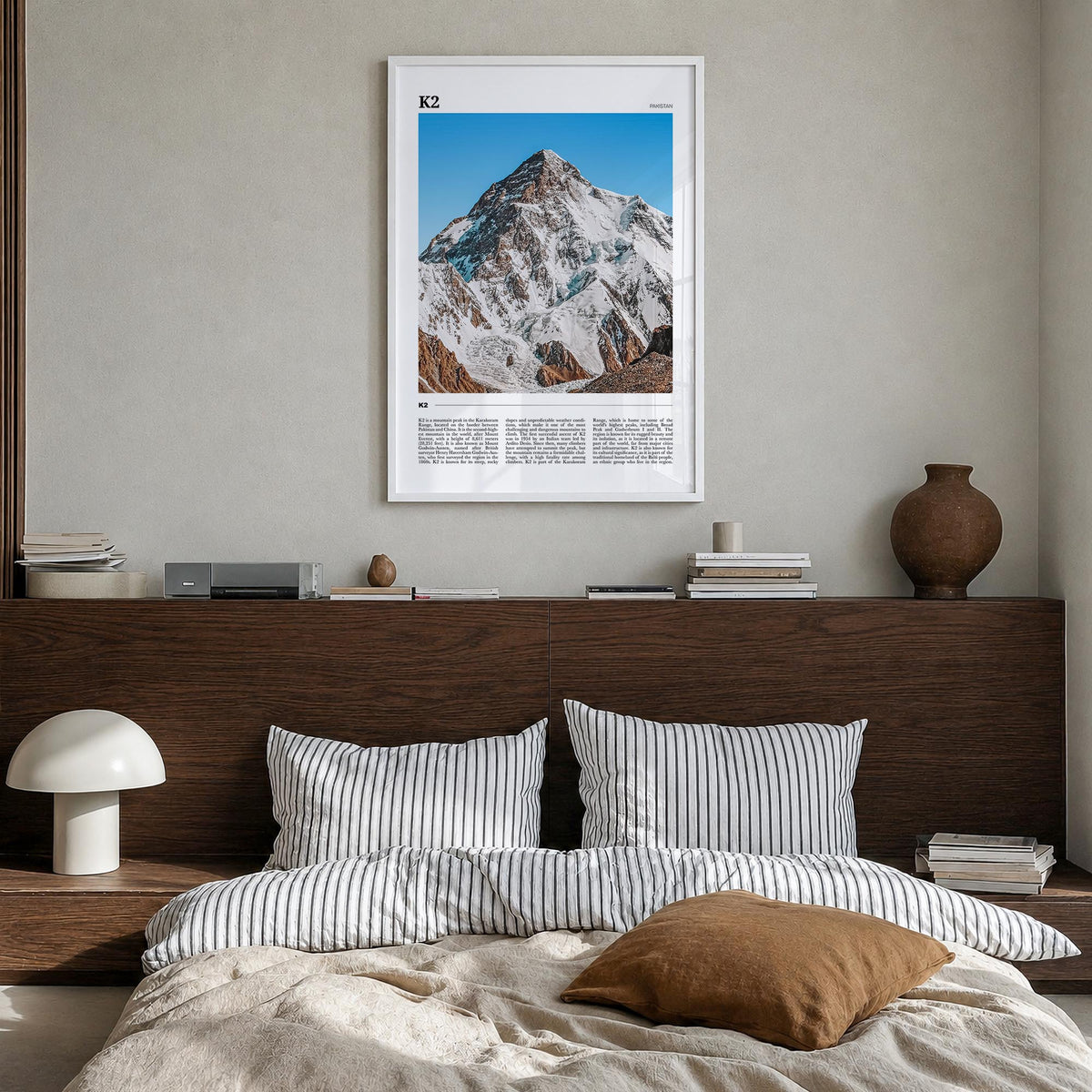 K2 colorful travel poster of Pakistan & China – vertical wall art in white wood frame, hanging on wall